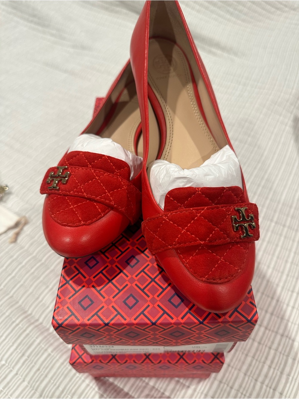 Tory Burch Red Quilted Suede & Leather Loafers